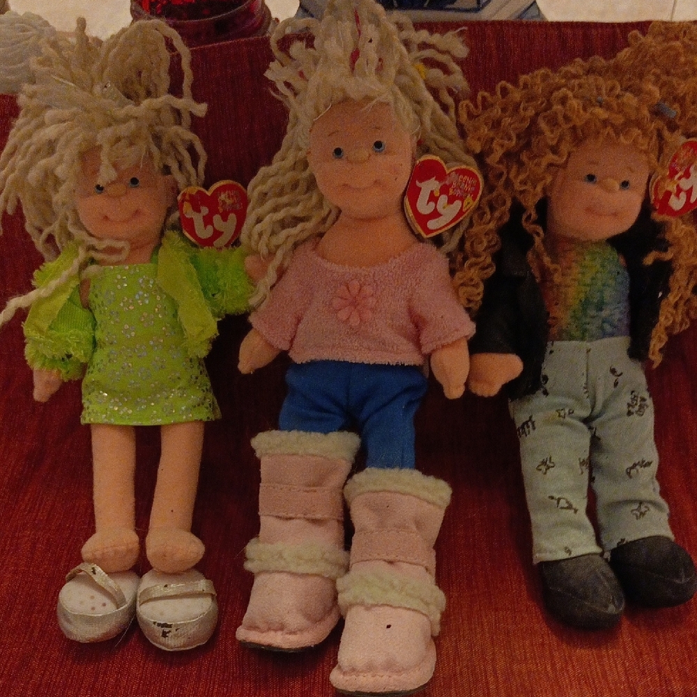 Ty Plush Doll Trio with Green, Pink, and Blue Outfits